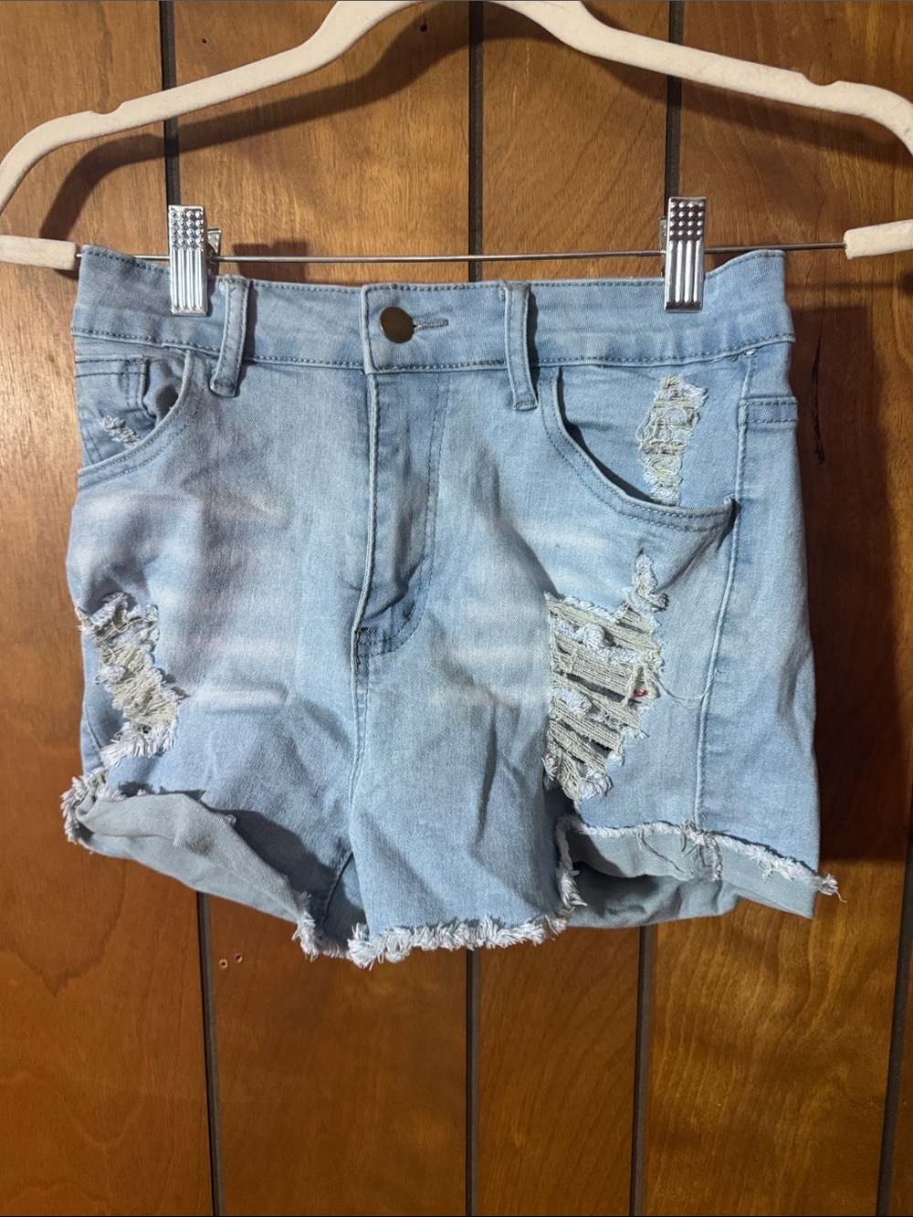 Light Blue Distressed Denim Shorts - Women